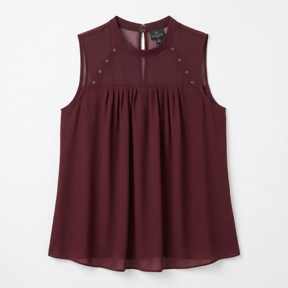 Worthington Maroon Sheer Neckline Sleeveless Blouse‎ Large Petite Studded Accent